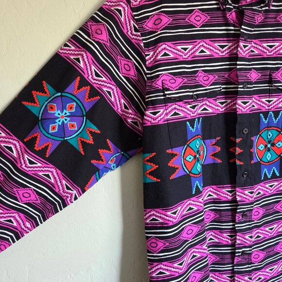 Wrangler Vintage 90's Men's Western Shirt Pink/Blk Southwestern Aztec Cowboy Cut - Picture 7 of 10